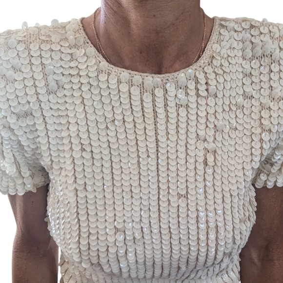 Vintage E. Haas & Co Sequin Wool Top Open Back Puff Sleeve Cream Rare Find Sze M - Picture 7 of 13